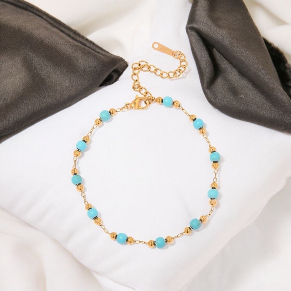 NEW 18 karat yellow gold plated turquoise beaded chain bracelet jewelry B20B
